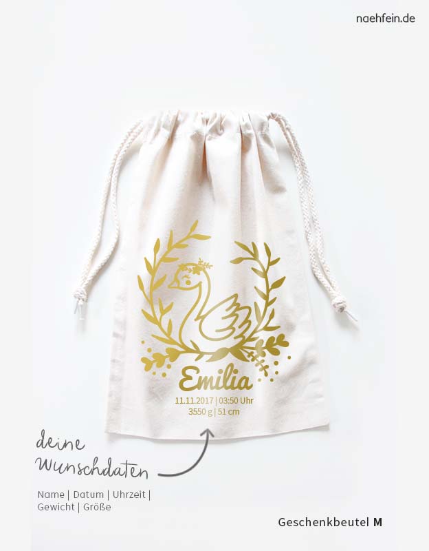 Geschenkbeutel-Geburt-schwan-gold