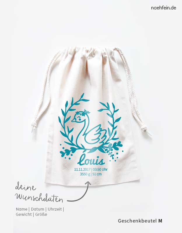 Geschenkbeutel-Geburt-schwan-tuerkis