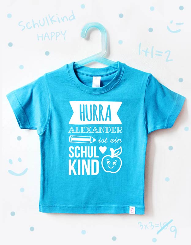 einschulung tshirt namen - hurra - türkis weiß