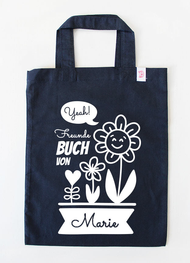 freundebuch tasche - blume - dunkelblau weiß