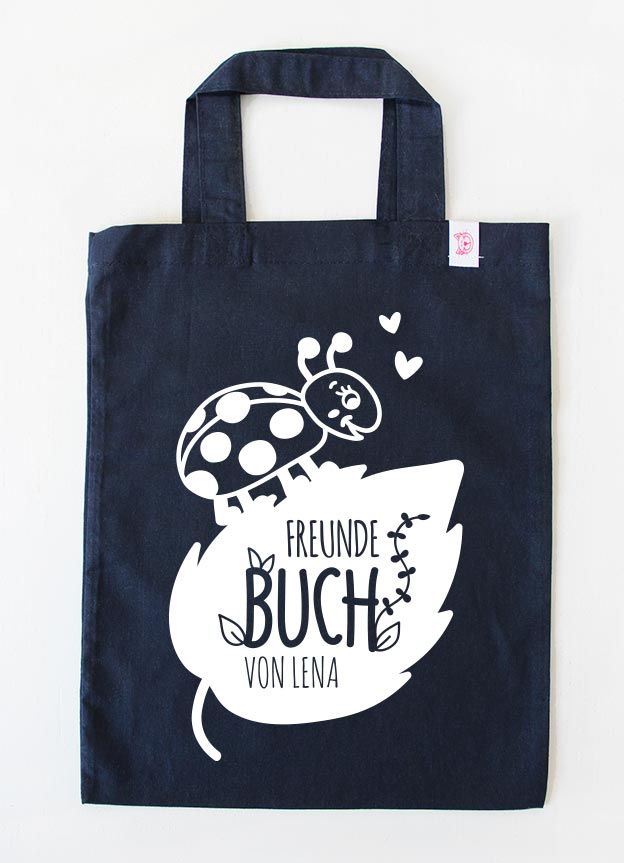 freundebuch tasche mit Namen personalisiert für mädchen - Marienkäfer - dunkelblau weiß