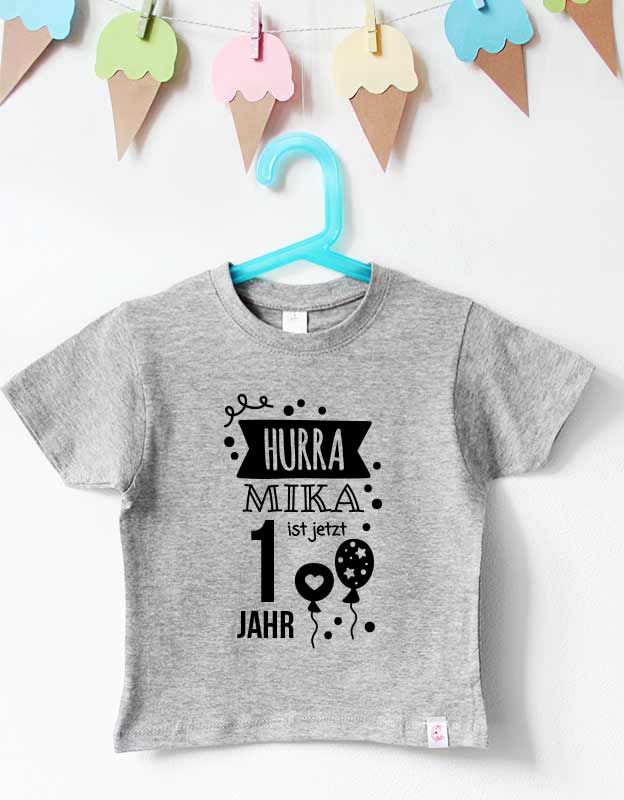 geburtstagsshirt namen - hurra - grau schwarz - kindergeburtstag t-shirt Hurra Design - personalisiertes Geburtstagsshirt für Kinder