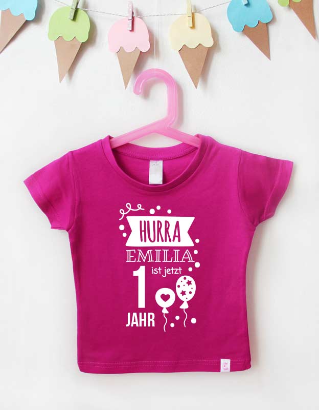 geburtstagsshirt namen - hurra - pink weiß - kindergeburtstag t-shirt Hurra Design - personalisiertes Geburtstagsshirt für Kinder