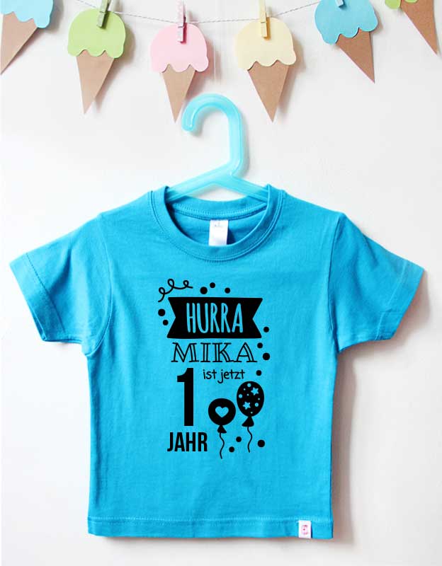 geburtstagsshirt namen - hurra - türkis schwarz - kindergeburtstag t-shirt Hurra Design - personalisiertes Geburtstagsshirt für Kinder