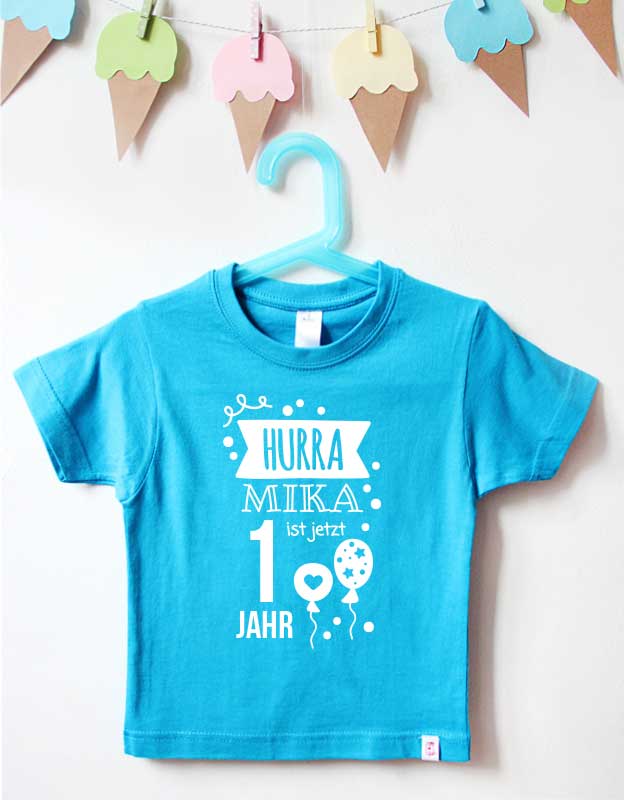 geburtstagsshirt namen - hurra - türkis weiß - kindergeburtstag t-shirt Hurra Design - personalisiertes Geburtstagsshirt für Kinder