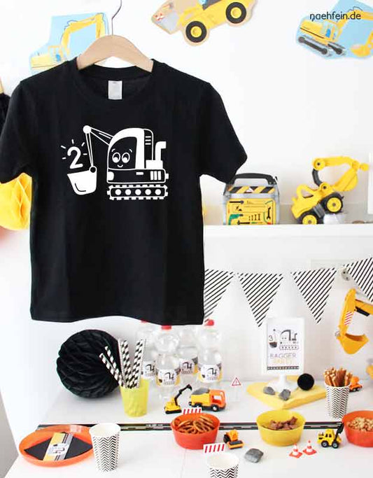 Personalisiertes Geburtstagsshirt mit Zahl für kleine Bagger Fans- Geburtstagsshirt 2 Jahre Bagger - schwarzes Shirt mit weisser Folie