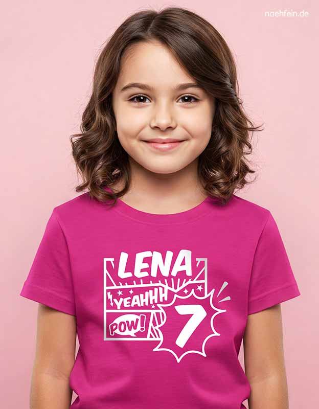 Geburtstagsshirt 7 Jahre mit Namen Comic Style - pink weiß