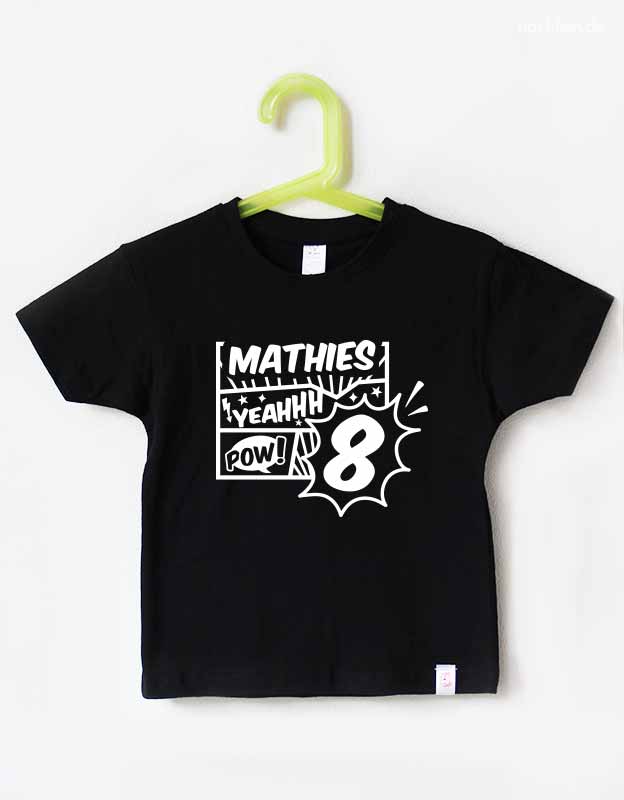 Geburtstagsshirt 8 Jahre mit Namen Comic Style - schwarz weiß
