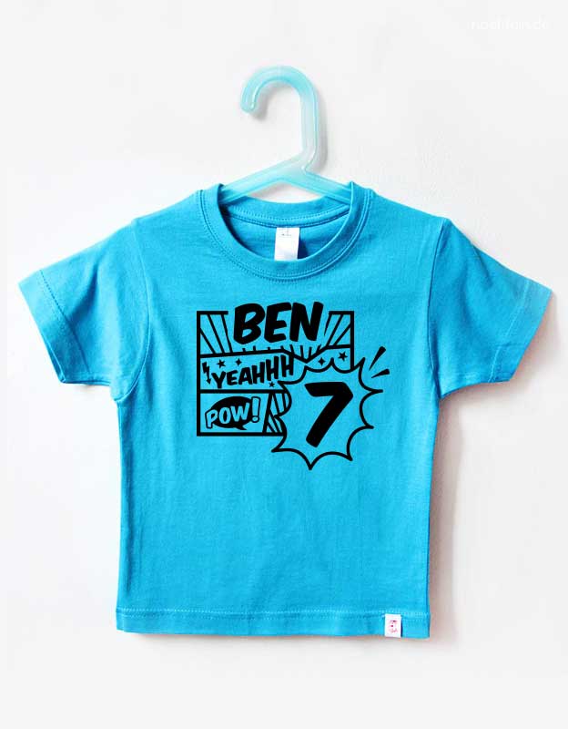 Geburtstagsshirt 7 Jahre mit Namen Comic Style - tuerkis schwarz