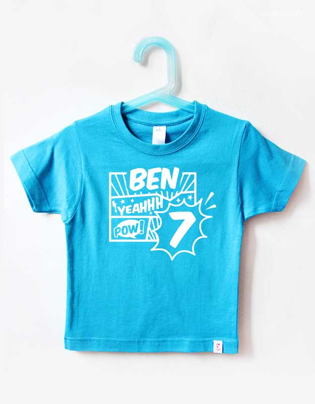 Geburtstagsshirt 7 Jahre mit Namen Comic Style - tuerkis weiß