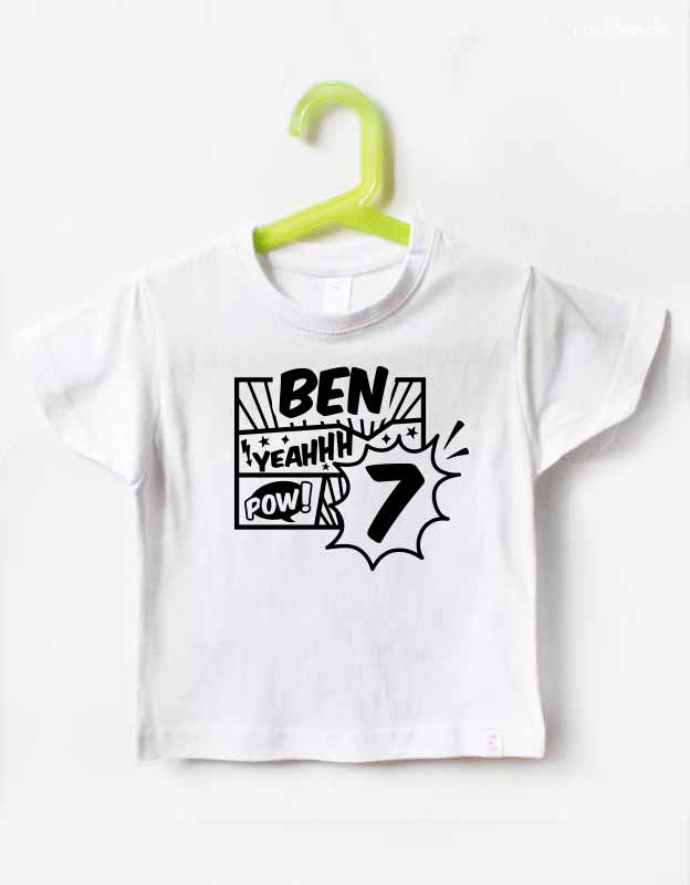 Geburtstagsshirt 7 Jahre mit Namen Comic Style - weiß schwarz