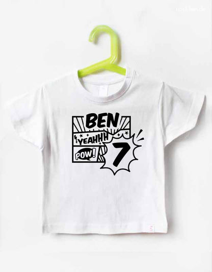 Geburtstagsshirt 7 Jahre mit Namen Comic Style - weiß schwarz
