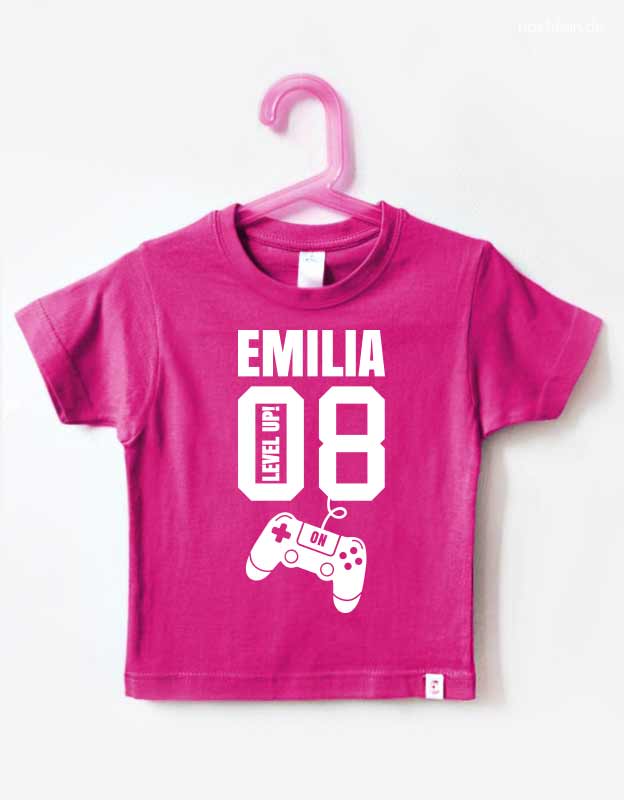 personalisiertes Geburtstagsshirt 8 Jahre Gamer pink mit weißem Aufdruck für Mädchen