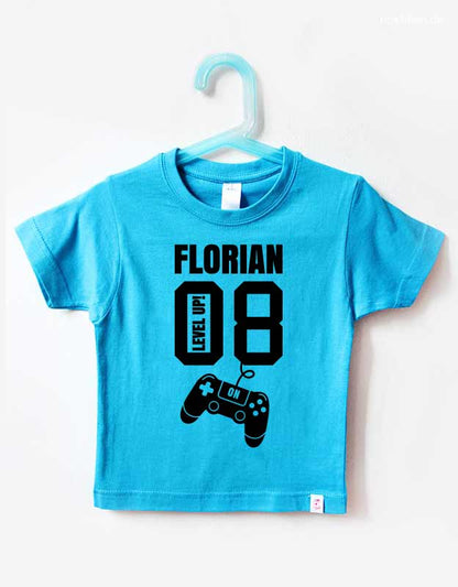 Geburtstagsshirt mit Namen 8 Jahre türkis mit schwarzem Level Up Design