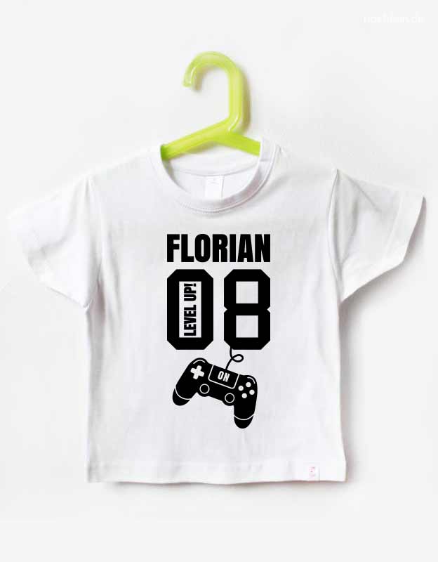 Geburtstagsshirt mit Namen -  Gamer Shirt für Kinder Level up 8 Jahre - weißes Shirt mit schwarzem Aufdruck