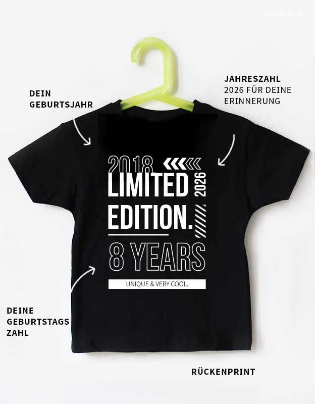 Kinder Geburtstagsshirt 8 Jahre -  Typografie limited edition - schwarzes Shirt weißer Aufdruck- Rückenprint