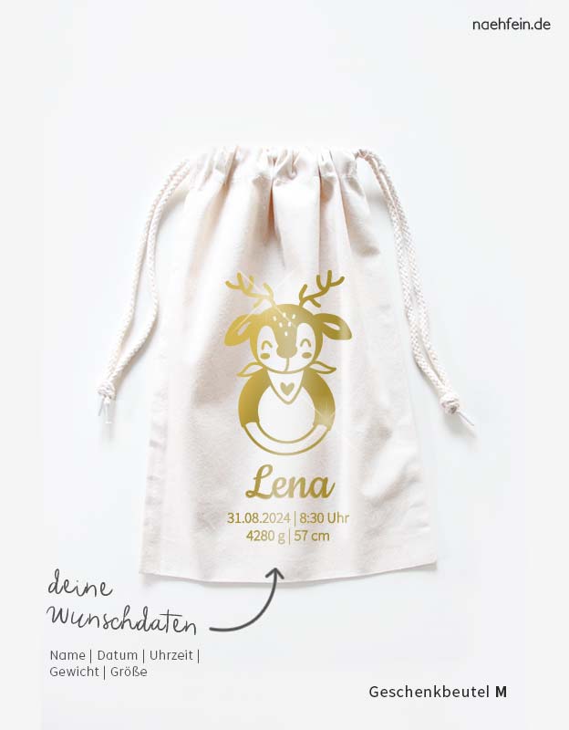 geschenkbeutel-geburt-groesse-M-baby-elch-gold-stoffbeutel-mit-Babydaten
