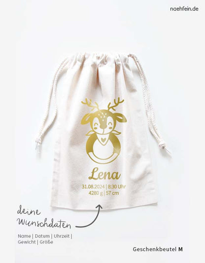 geschenkbeutel-geburt-groesse-M-baby-elch-gold-stoffbeutel-mit-Babydaten
