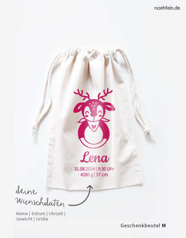 geschenkbeutel-geburt-groesse-M-baby-elch-pink-stoffbeutel-mit-Babydaten
