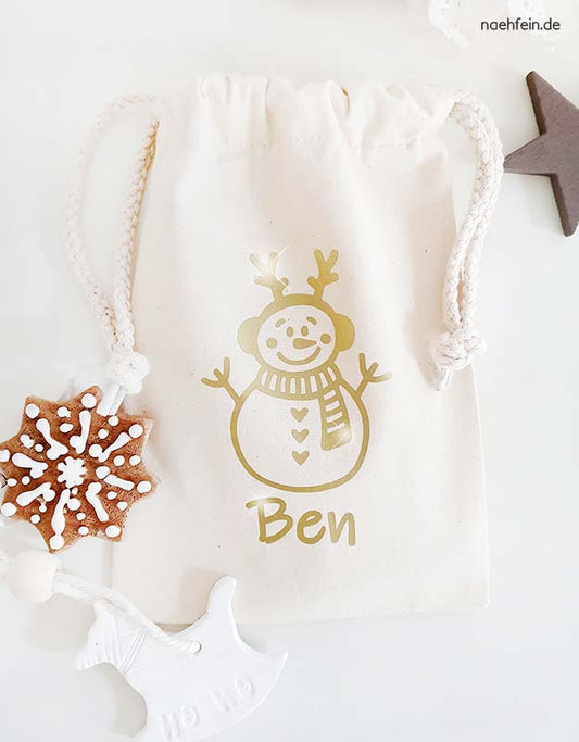 geschenkbeutel namen - schneemann gold- naehfein