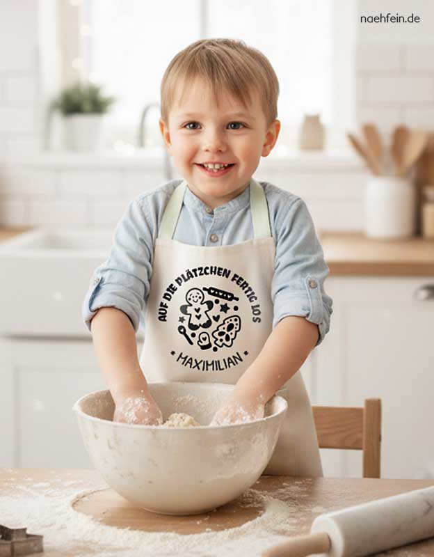 Kinderschuerze personalisiert mit jungen - weihnachten plätzchen - backschuerze plätzchen design mit namen - naehfein