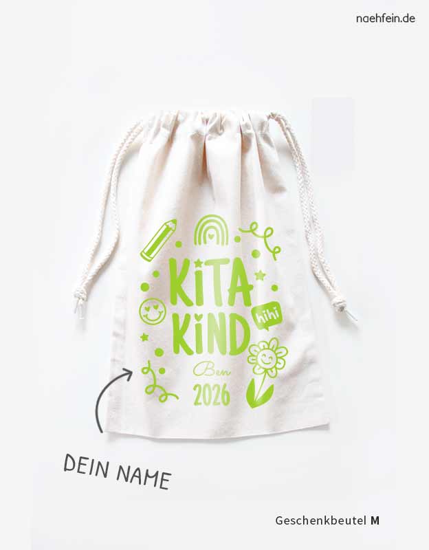 personalisierter Stoffbeutel als Geschenk zum Kitastart 2026 -  Stoffbeutel zum zuziehen mit grüner Folie