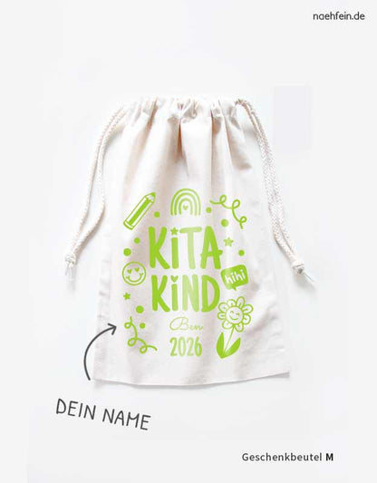 personalisierter Stoffbeutel als Geschenk zum Kitastart 2026 -  Stoffbeutel zum zuziehen mit grüner Folie