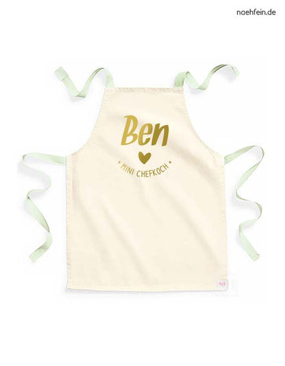 kinderschuerze namen mini chefkoch jungen variante - pistazie gold - personalisierte backschuerze jungen
