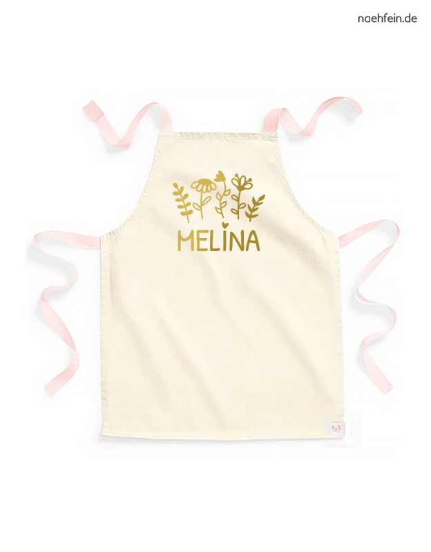 personalisierte Kinderschürze mit Namen im Blumen Design - peach mit gold