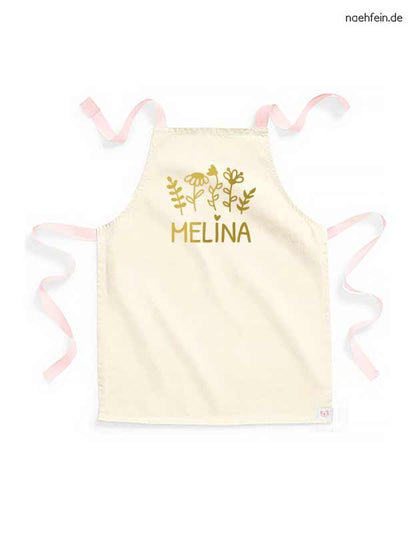 personalisierte Kinderschürze mit Namen im Blumen Design - peach mit gold