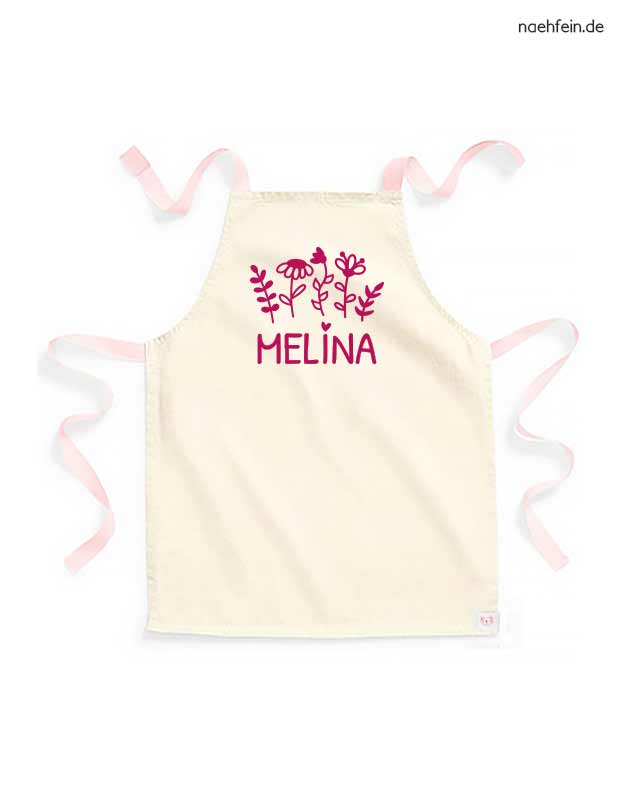 personalisierte Kinderschürze mit Namen im Blumen Design - peach mit pink