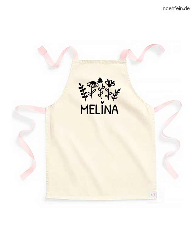 personalisierte Kinderschürze mit Namen im Blumen Design - peach mit schwarz