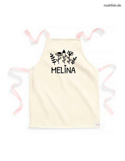 personalisierte Kinderschürze mit Namen im Blumen Design - peach mit schwarz