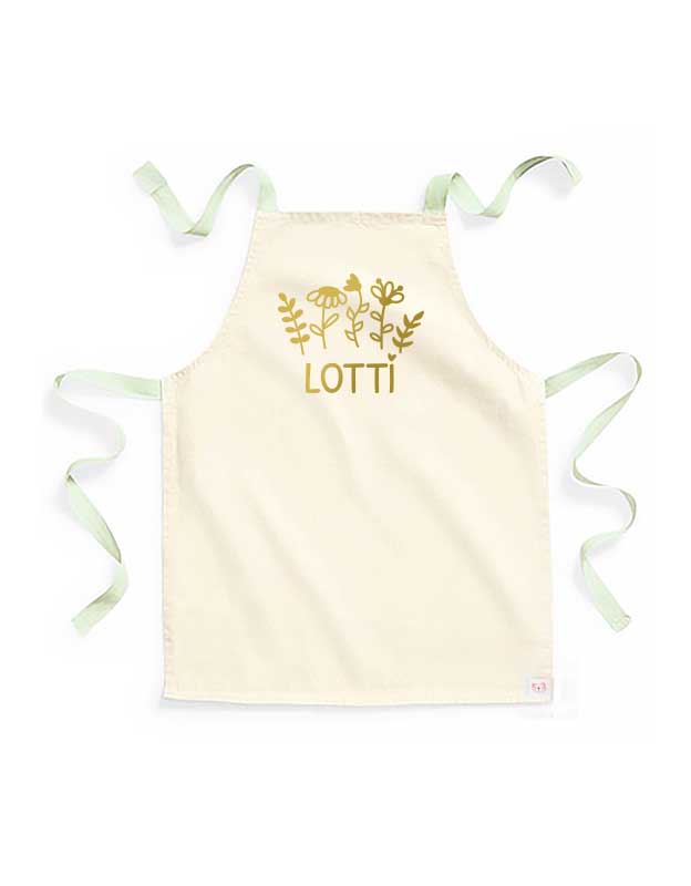 personalisierte Kinderschürze mit Namen im Blumen Design - pistazie mit gold