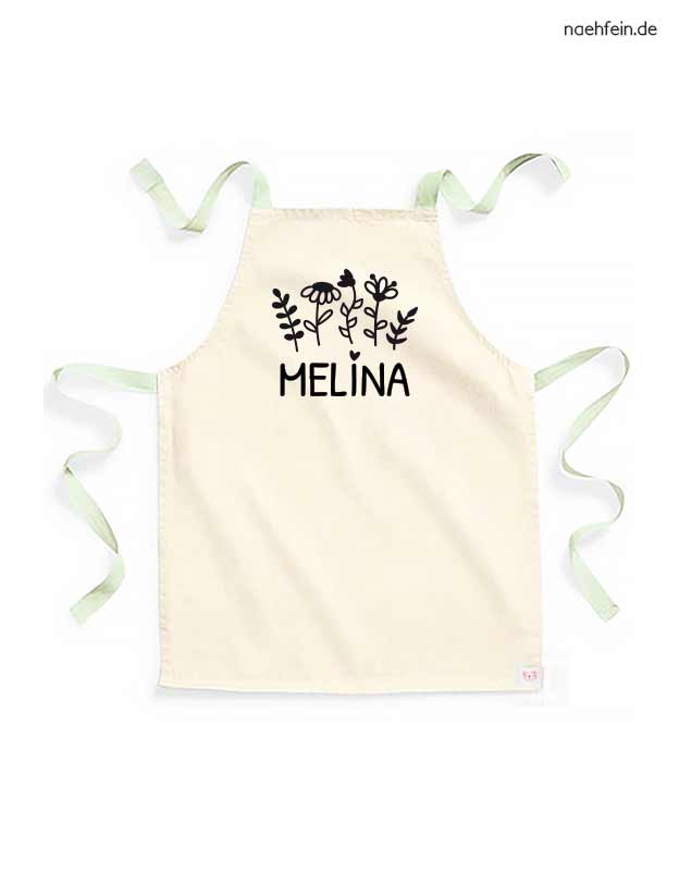 personalisierte Kinderschürze mit Namen im Blumen Design - pistazie mit schwarz