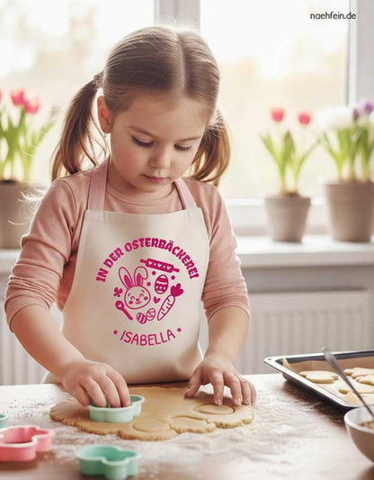 personalisierte Kinderschuerze Ostern Geschenk für Kinder - Osterbaeckerei Design mit Namen in PInk- Backschuerze mit Namen