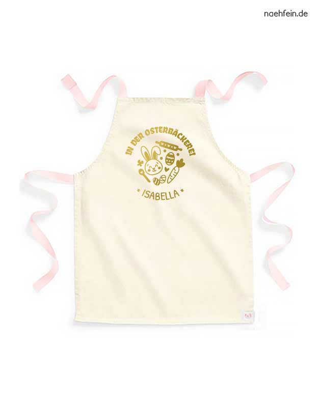 Kinderschürze mit Namen - Backschürze Ostern in der Osterbäckerei Design - peach mit goldenem Aufdruck
