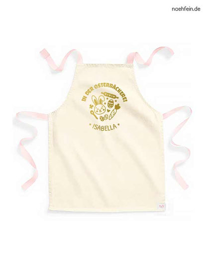 Kinderschürze mit Namen - Backschürze Ostern in der Osterbäckerei Design - peach mit goldenem Aufdruck