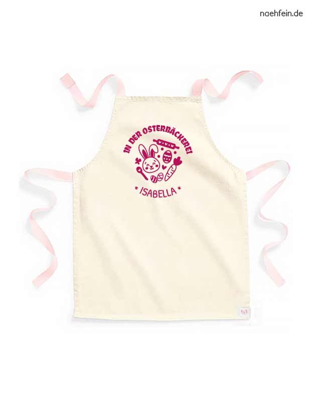Kinderschürze mit Namen - Backschürze Ostern in der Osterbäckerei Design - peach mit pinkem Aufdruck
