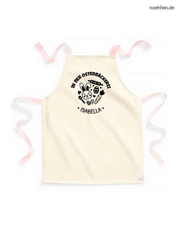 Kinderschürze mit Namen - Backschürze Ostern in der Osterbäckerei Design - peach mit schwarzem Aufdruck