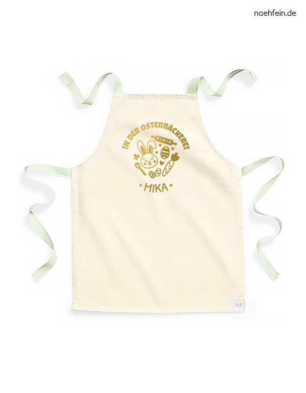 Kinderschürze mit Namen - Backschürze Ostern in der Osterbäckerei Design - pistazie mit gold Aufdruck