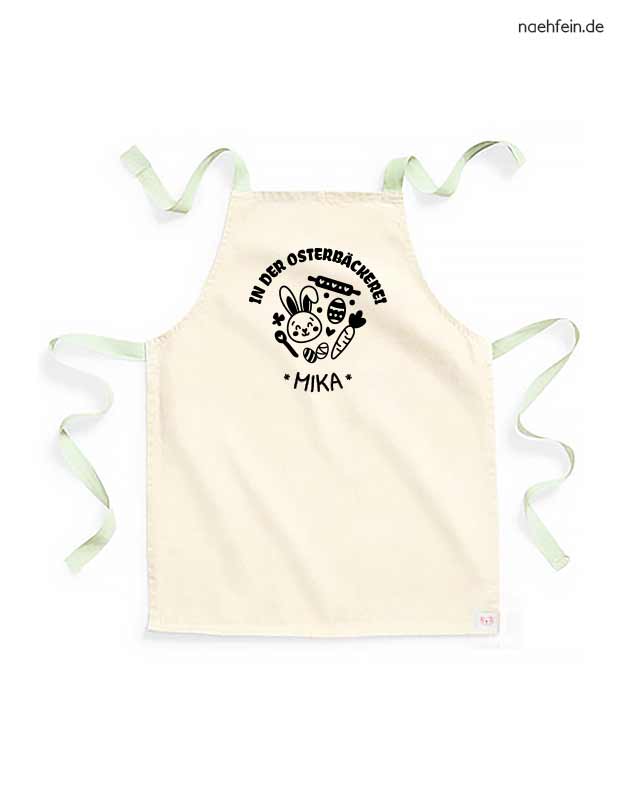 Kinderschürze mit Namen - Backschürze Ostern in der Osterbäckerei Design - pistazie mit schwarzem Aufdruck