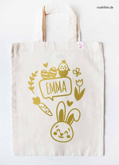personalisierter Osterbeutel  - Stoffbeutel Hase Sprechblase mit Namen - Aufdruck gold