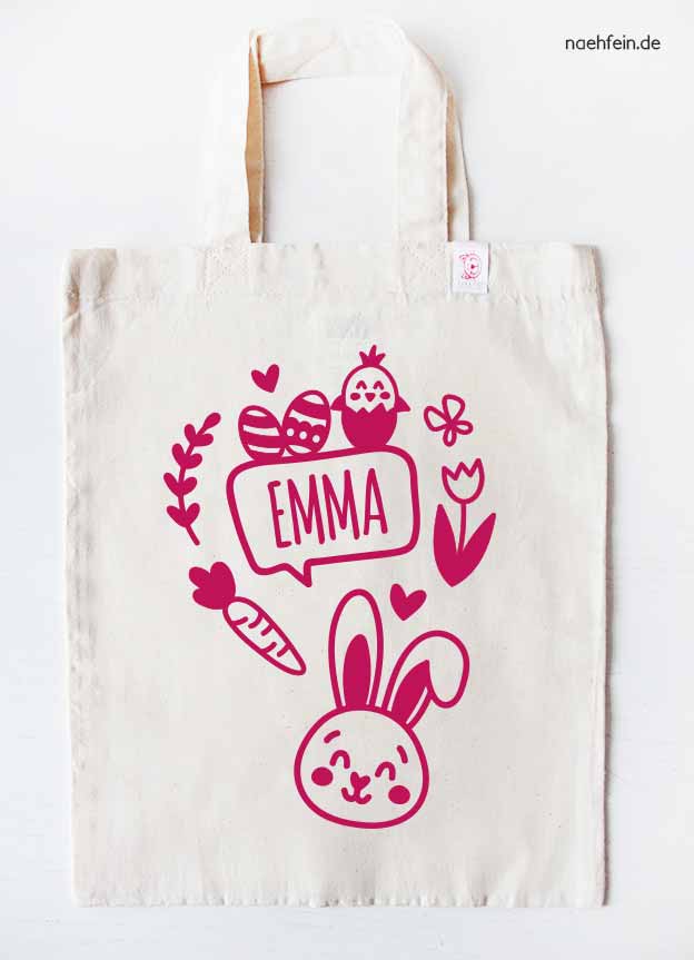personalisierter Osterbeutel  - Stoffbeutel Hase Sprechblase mit Namen - Aufdruck pink