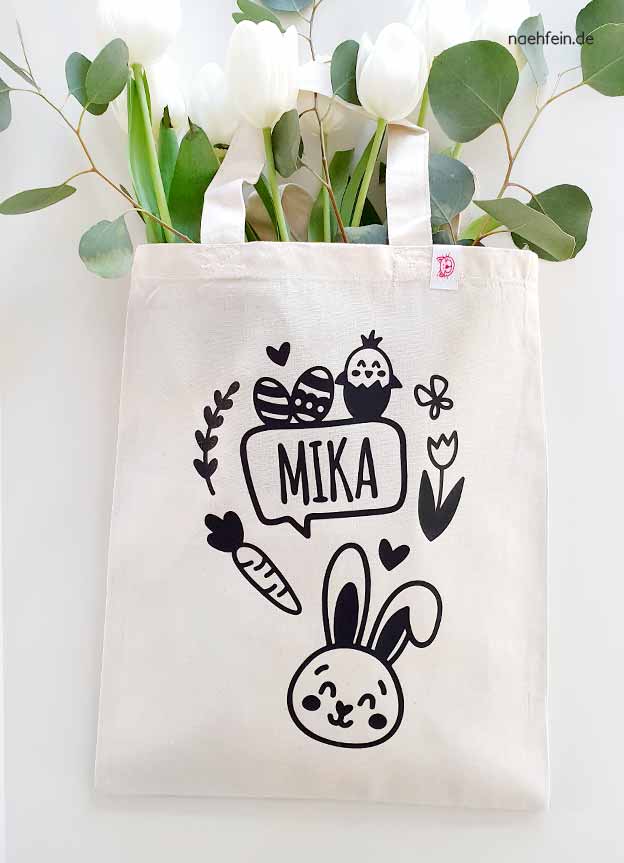 personalisierter Osterbeutel  - Stoffbeutel Hase Sprechblase mit Namen - schwarzer Aufdruck -naehfein