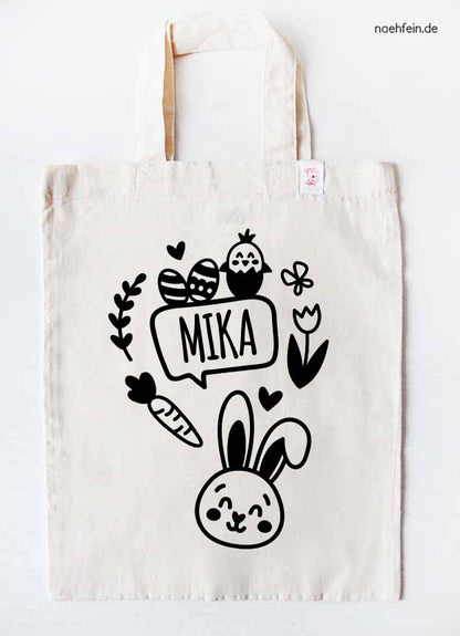 personalisierter Osterbeutel  - Stoffbeutel Hase Sprechblase mit Namen - Aufdruck schwarz