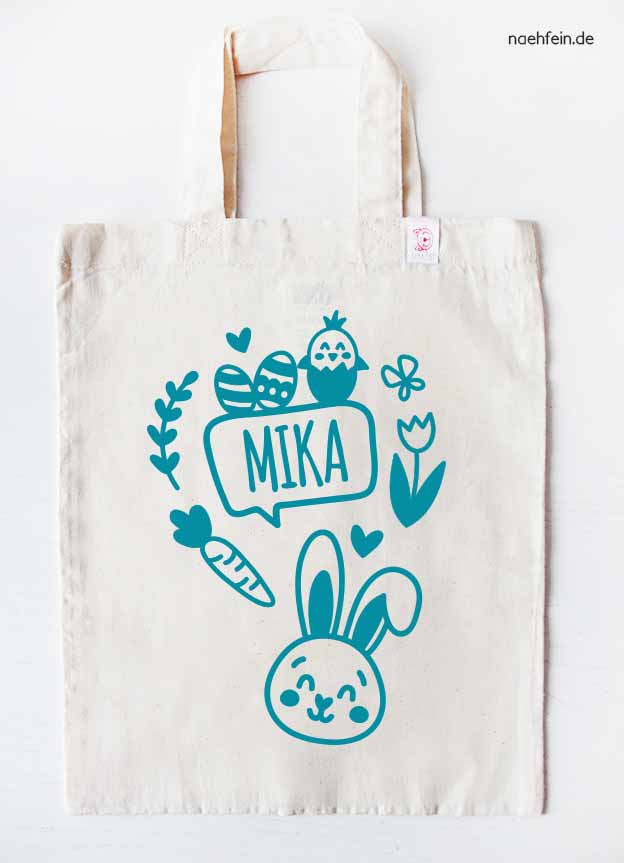 personalisierter Osterbeutel  - Stoffbeutel Hase Sprechblase mit Namen - Aufdruck türkis