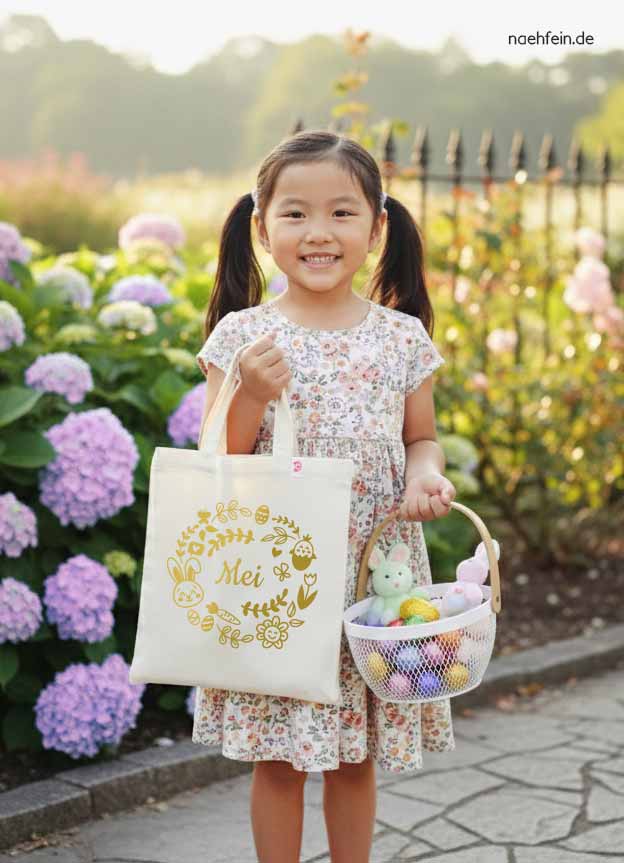 personalisierte Ostertasche mit Namen - Osterkranz Design - Osterbeutel mit Namen - Mädchen mit Stoffbeutel in Gold