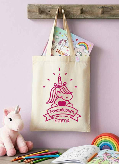 personalisierte Freundebuch Tasche im Einhorn Design in Pink -  Freundebuch Beutel mit Namen - naehfein