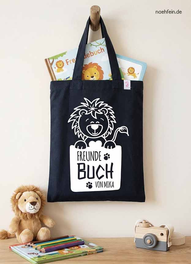 Freundebuch Tasche mit Namen Löwe - personalisierter Stoffbeutel Kindergarten -  dunkelblaue Tasche mit weißem Aufdruck